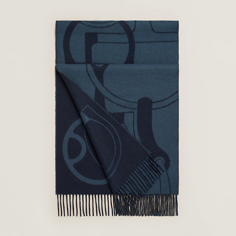 ❤お得なお品❤クリーニング済み カシミヤマフラー ブルーｘライトブルー エルメス HERMES エルメス ショール ストール ダブルフェイス ロゴ刺繍 無地